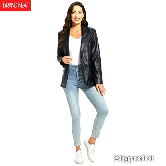 Oversized Vegan Leather Blazer Moto Jacket Women's Faux Leather Coat
